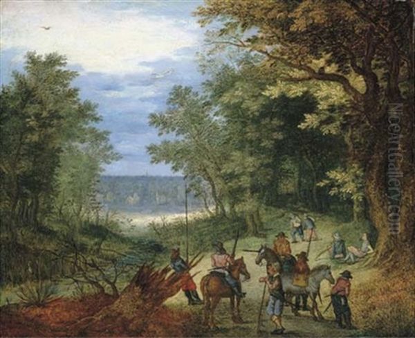 A Wooded Landscape With Soldiers Resting On A Path By A Stream Oil Painting by Jan Brughel