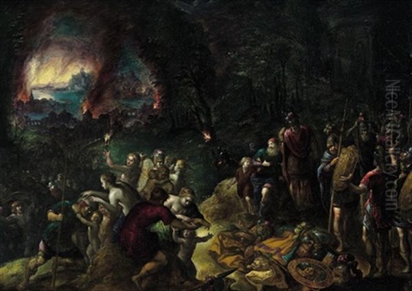 Die Flucht Des Aeneas Mit Seinem Vater Anchises Und Dem Sohn Ascanius Aus Dem Brennenden Troja Oil Painting by Jan Brughel