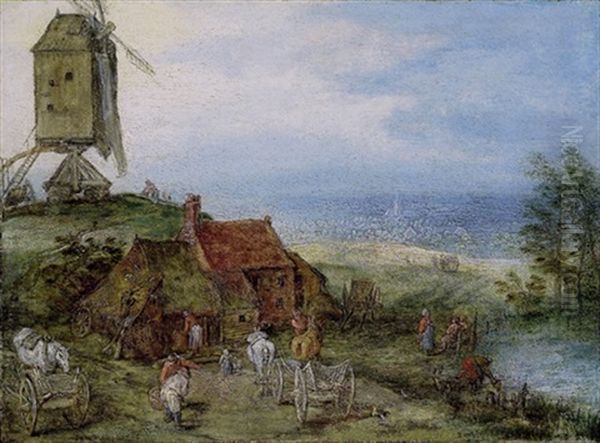 Landschaft Mit Windmuhle Auf Einem Hugel Oil Painting by Jan Brughel