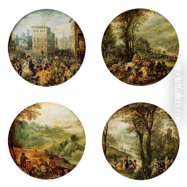 Die Vier Jahreszeiten (romischer Karneval, Belebte Landstrasse Mit Wirtshaus, Die Ernte, Fluslandschaft Mit Vornehmer Gesellschaft Im Boot) Oil Painting by Jan Brughel