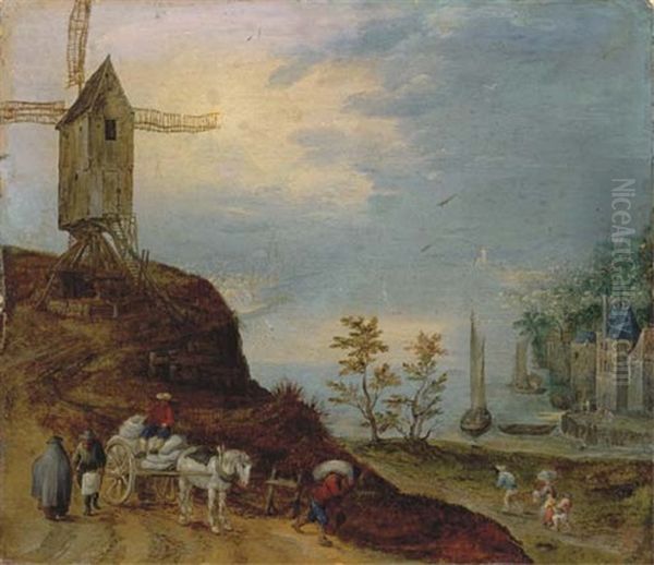 An Extensive River Landscape With A Windmill And Travellers On A Path Oil Painting by Jan Brughel