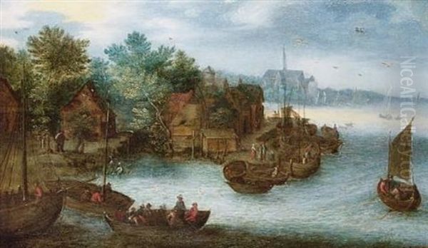 A Riverside Village With Figures In Barges, A View To A Church Beyond Oil Painting by Jan Brughel