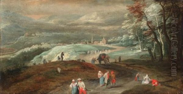 Mountainous Landscape With Figures And Wagoners On A Track And More Figures Dancing Beyond, A Village In The Distance Oil Painting by Jan Brughel