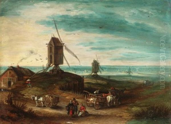 A Landscape With Windmills And Travellers Oil Painting by Jan Brughel