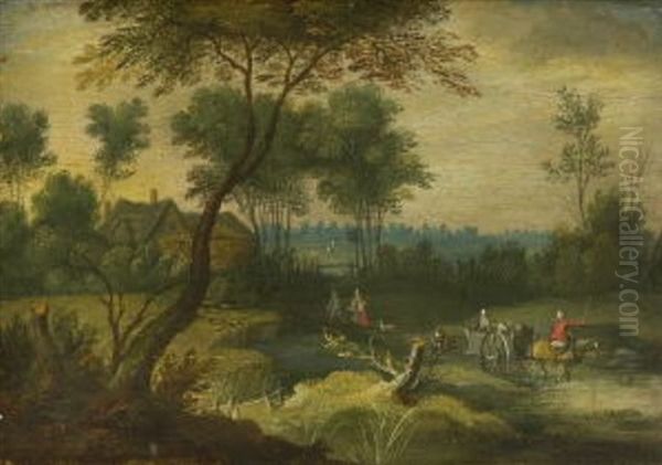 Dorflandschaft Mit Ziehenden Bauern Und Pferdefuhrwerk In Der Furt Oil Painting by Jan Brughel