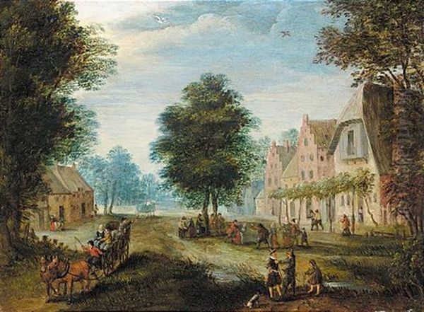 Village Scene With Figures Conversing In The Foreground, And Figures Dancing Beyond Oil Painting by Jan Brughel