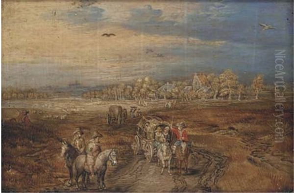 A Broad Landscape With Travellers And Wagons On A Path Oil Painting by Jan Brughel