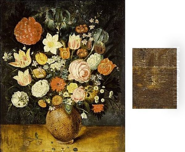 A Still Life With Roses, Tulips, Irises, A Daffodil, A Poppy Anemone, Marigolds, Red Turban Cup Lilies, Borage, Violets, Forget-me-nots And Other Flowers, All In A Stone Vase On A Wooden Ledge Oil Painting by Jan Brughel
