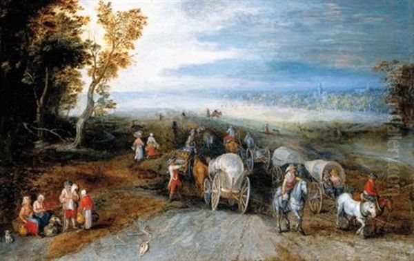 An Extensive Wooded Landscape With Wagons, Carts, Horsemen And Travellers On A Path Oil Painting by Jan Brughel