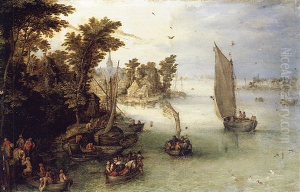 A River Scene With Boats Unloading At A Quay, And A Village Beyond Oil Painting by Jan Brughel