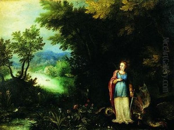 Sainte Marguerite D'antioche Et Le Dragon Dans Un Vaste Paysage De Riviere Oil Painting by Jan Brughel