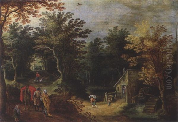 Bewaldete Landschaft Mit Wassermuhle Und Wanderern Oil Painting by Jan Brughel