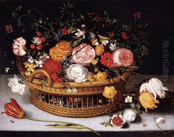 A Basket Of Tulips, Carnations, Roses And Other Flowers Resting On A Stone Ledge Oil Painting by Jan Brughel