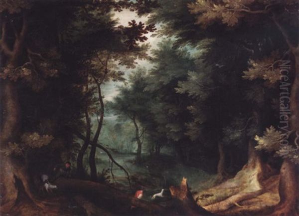 A Wooded Landscape With Hunters And Their Dogs Oil Painting by Jan Brughel