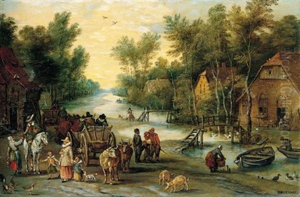 A Wooded River Landscape With Elegant Figures Buying Provender Oil Painting by Jan Brughel
