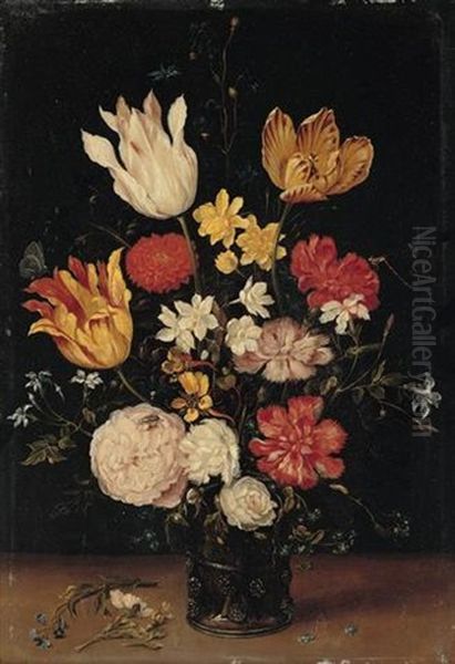 A Still Life Of Tulips, Roses, Carnations And Other Flowers In A Glass Vase Oil Painting by Jan Brughel