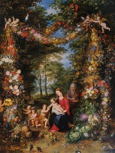 The Virgin And Child With The Infant Saint John The Baptist, Saint Anne And Angels Surrounded By A Garland Of Flowers And Fruit Oil Painting by Jan Brughel