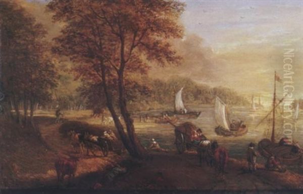 A River Landscape With Travellers On A Path, Shipping Beyond Oil Painting by Jan Brughel