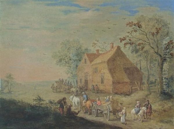 A Landscape With Travellers In Carts Near An Inn Oil Painting by Jan Brughel