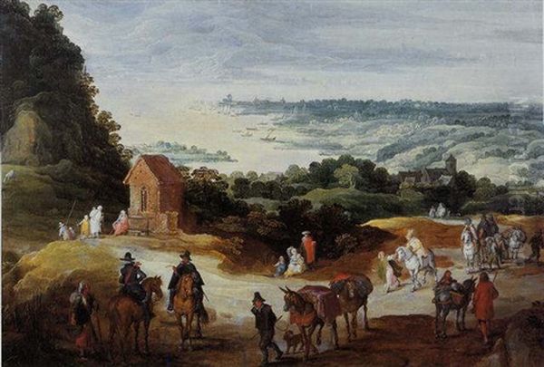 An Extensive River Landscape With Travellers On A Path Oil Painting by Jan Brughel
