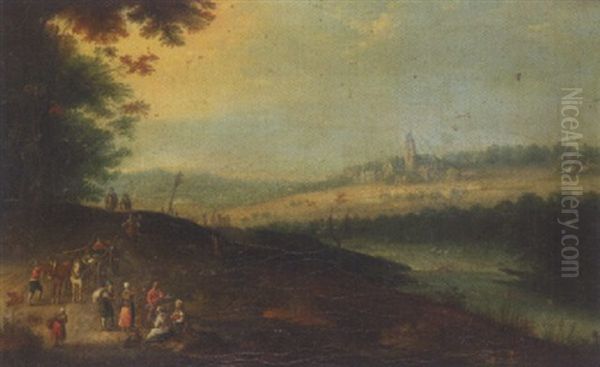 A River Landscape With Waggoners Beside A Road, A Church Beyond Oil Painting by Jan Brughel