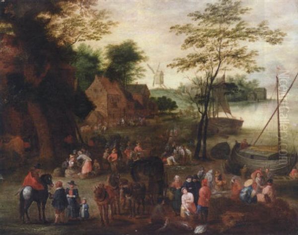 A River Landscape With A Fish Market Oil Painting by Jan Brughel