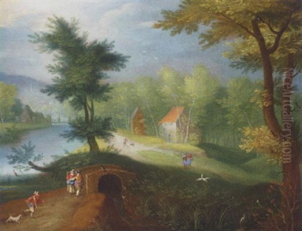 A Wooded River Landscape With Figures Before A Bridge And Houses Beyond Oil Painting by Jan Brughel