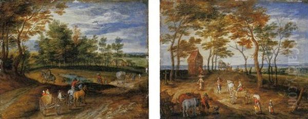 Rural Landscape With Peasants In A Horse-drawn Carriage On A Track Oil Painting by Jan Brughel