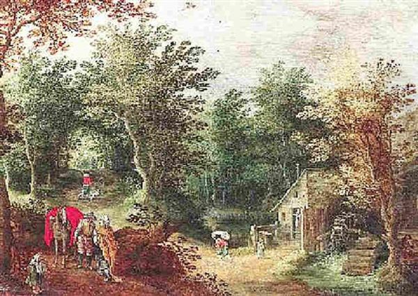 Waldlandschaft Mit Muhle Umd Wanderern Oil Painting by Jan Brughel
