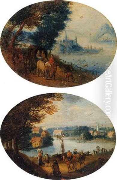 River Landscape With Travellers, A View Of A Town Beyond Oil Painting by Jan Brughel