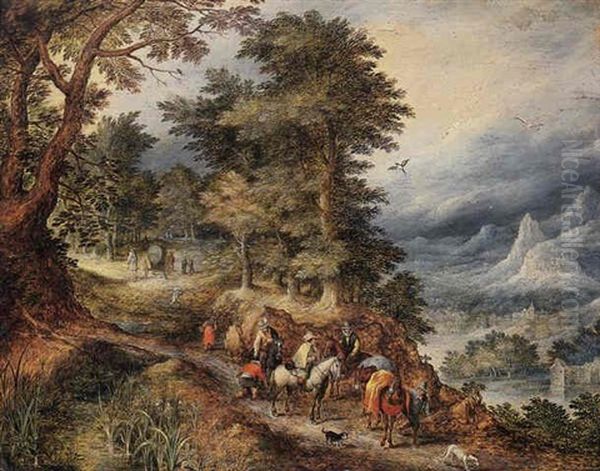 A Mountainous Landscape With Travellers On A Path Oil Painting by Jan Brughel