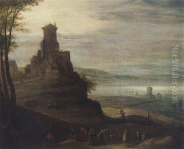 A River Valley With Travellers On A Path By A Hilltop Castle Oil Painting by Jan Brughel