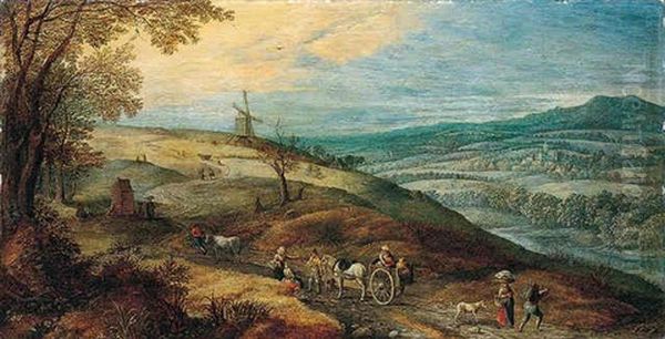 A Landscape With Peasants Resting Beside A Road, With A Windmill Beyond Oil Painting by Jan Brughel