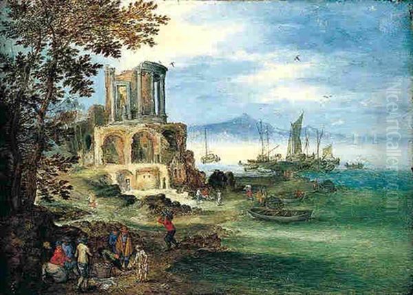 A Coastal Landscape With The Temple Of Vesta Oil Painting by Jan Brughel