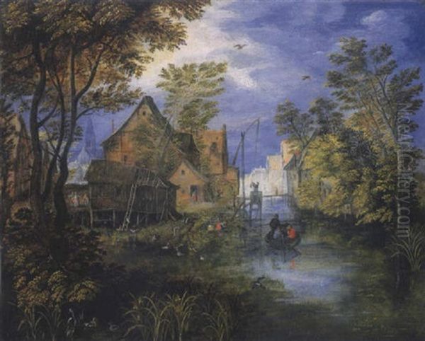 Une Riviere Traversant Un Village Avec Des Paysans Sur Une Barque Oil Painting by Jan Brughel