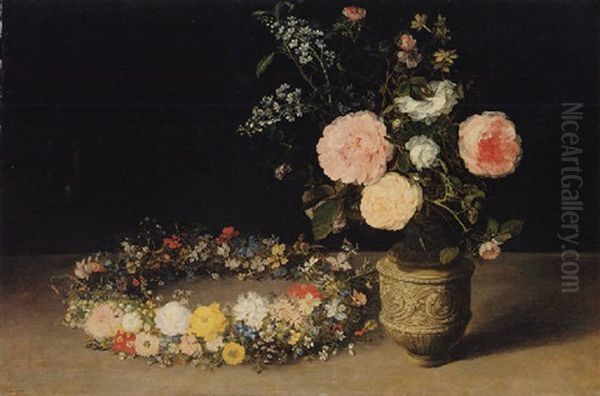 A Still Life Of Roses And Sprays Of Lilac In An Ornamental Stoneware Vase, With A Wreath Of Roses And Other Flowers Oil Painting by Jan Brughel