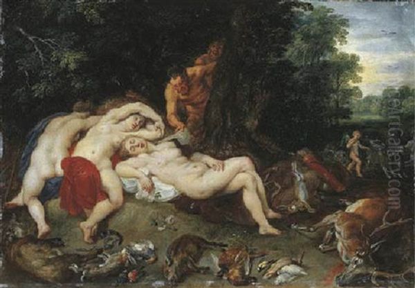 A Wooded Landscape With A Satyr Spying On Sleeping Nymphs Oil Painting by Jan Brughel