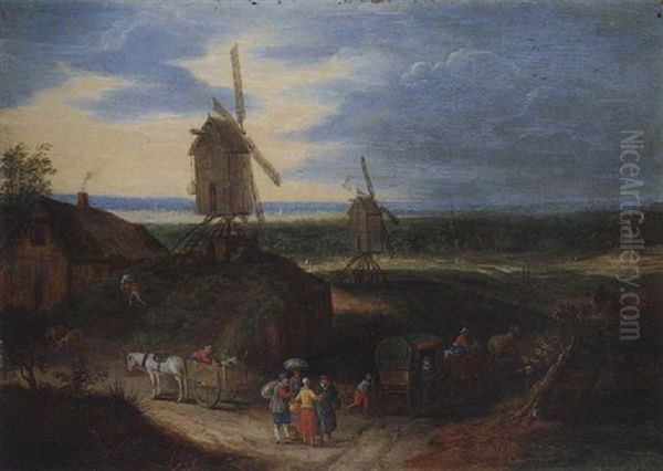 An Open Landscape With Travellers Conversing Before A Windmill Oil Painting by Jan Brughel