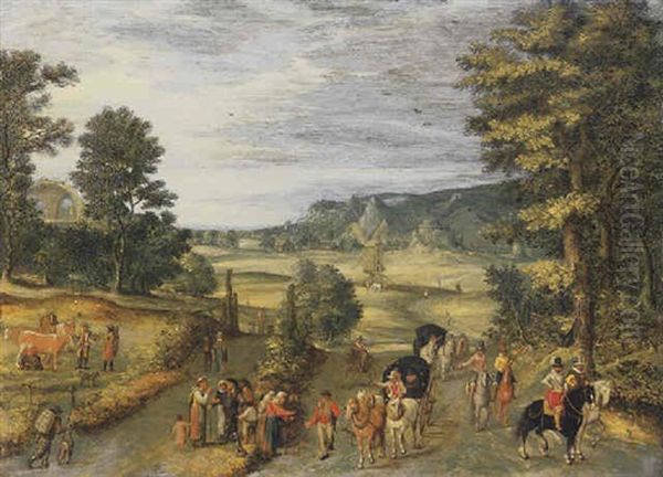 A Landscape With Travellers On A Country Road Oil Painting by Jan Brughel
