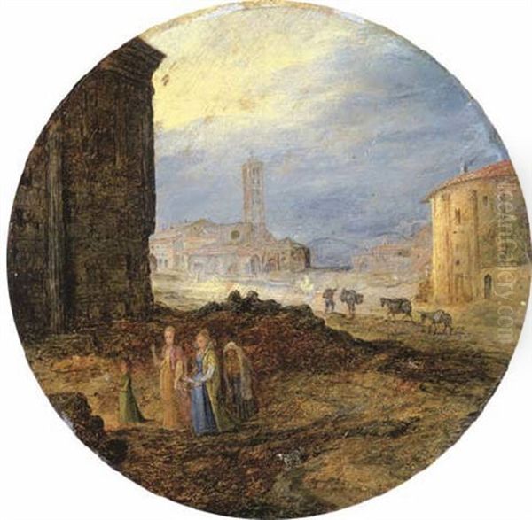 The Piazza Bocca Della Verita, Rome, With Elegant Ladies Before The Temple Of Fortuna Virilis, S. Maria In Cosmedin And The Temple Of Hercules Victor Beyond Oil Painting by Jan Brughel