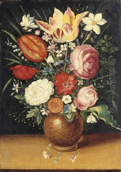 An Iris, Tulips, A Peony, And Other Flowers In A Vase With A Snail On A Ledge Oil Painting by Jan Brughel