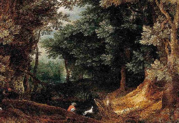 A Wooded Landscape With Sportsmen Oil Painting by Jan Brughel