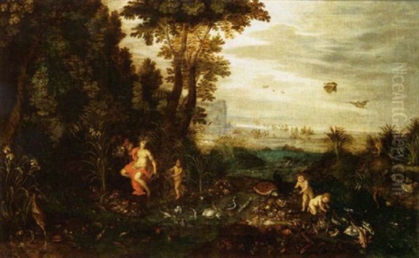 An Allegory Of Air And Water, A Scene With Neptune And Amphitrite In The Background Oil Painting by Jan Brughel