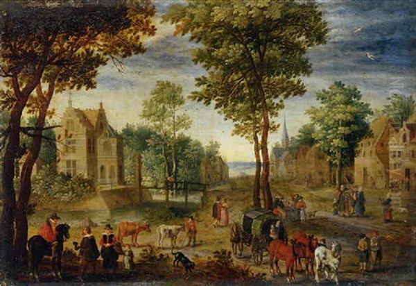 A Horseman Conversing With Elegant Company, A Drover And Three Cattle, And A Covered Wagon And Horses Oil Painting by Jan Brughel