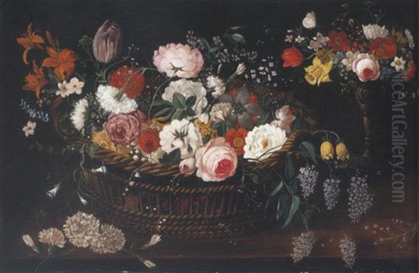Still Life Of Mixed Flowers In A Basket With A Bouquet Of Flowers In A Gilt Tazza Upon A Table Top Oil Painting by Jan Brughel
