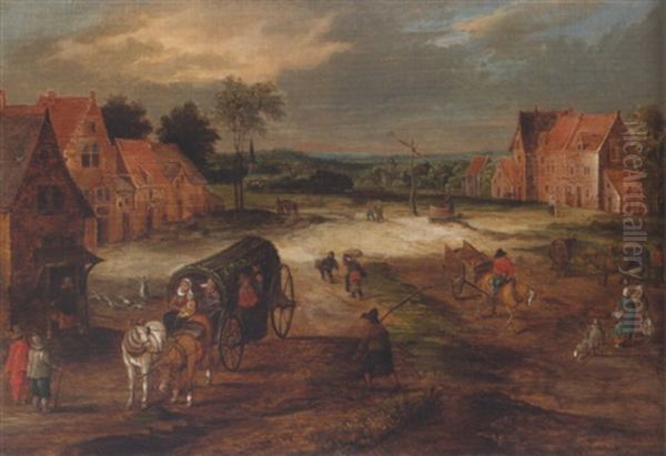 Landscape With A Covered Wagon And Other Figures In A Village Street Oil Painting by Jan Brughel