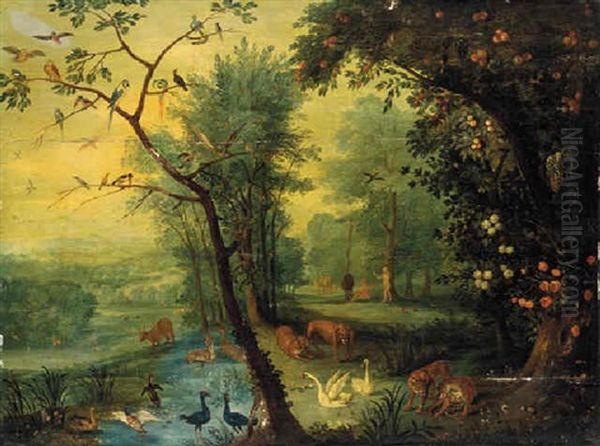 Adam And Eve In The Garden Of Eden Oil Painting by Jan Brughel