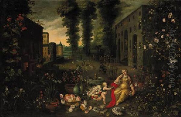 An Allegory Of Smell: A Putto Offering Flowers To A Nymph In The Garden Of A Palatial Mansion Oil Painting by Jan Brughel