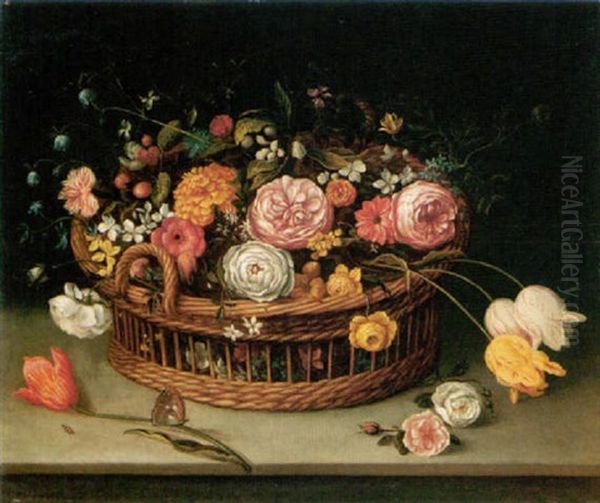 Still Life Of Roses, Tulips, Bluebells And Carnations In A Wicker Basket With A Butterfly, All Resting Upon A Stone Ledge Oil Painting by Jan Brughel