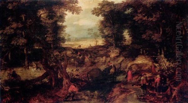 A Landscape With Travellers On A Forest Road Oil Painting by Jan Brughel